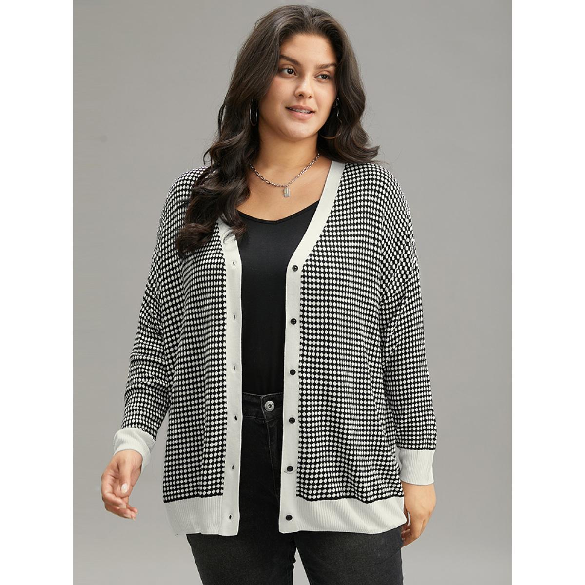 Plus Size Polka Dot Patchwork Button Through Cardigan Black Women Casual Loose Long Sleeve Dailywear Cardigans BloomChic 30/6X Product Image