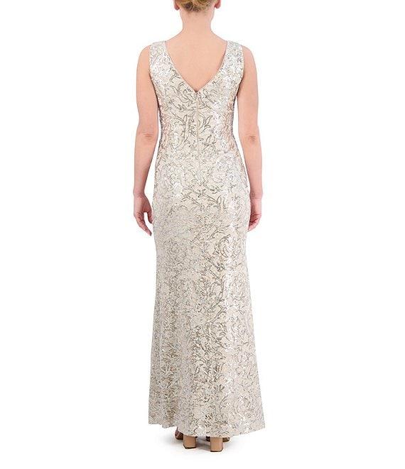 Eliza J Sequin Lace Boat Neck Sleeveless Ruffle Front Slit Gown Product Image