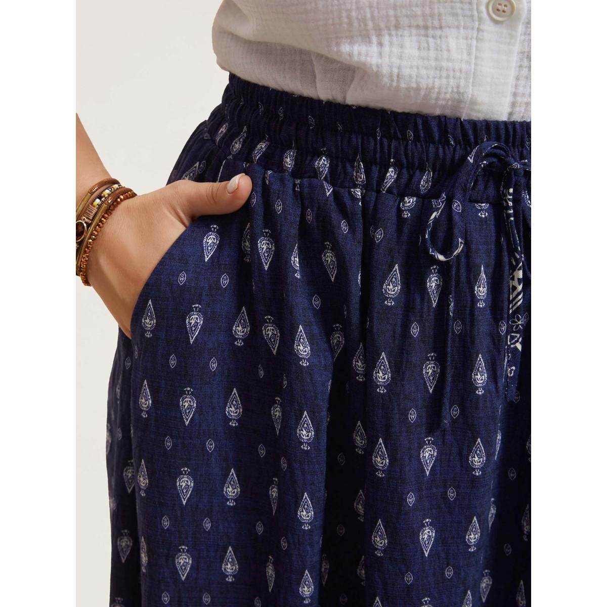 Plus Size Boho Print Pleated Drawstring Midi Skirt Women Indigo Resort Drawstring No stretch Slanted pocket Vacation Skirts BloomChic 18-20/2X Product Image