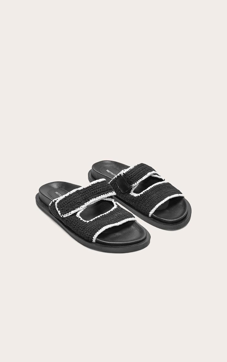 Black Contrast Round Toe Crochet Velcro Strap Flat Footbed Sandals Product Image