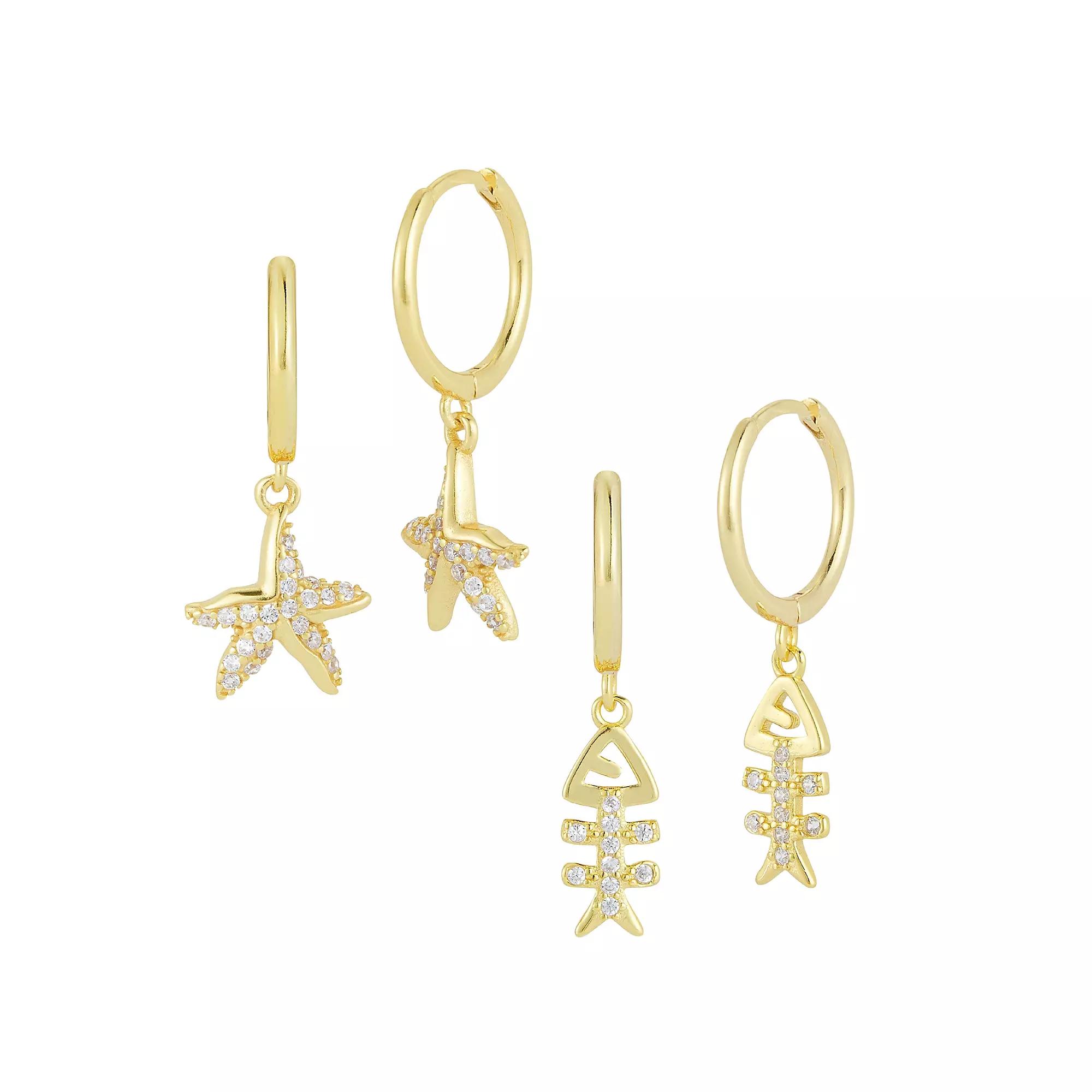 Sunkissed Sterling Cubic Zirconia Nautical Charm Huggie Hoop Earring Set, Women's, Gold Tone Product Image