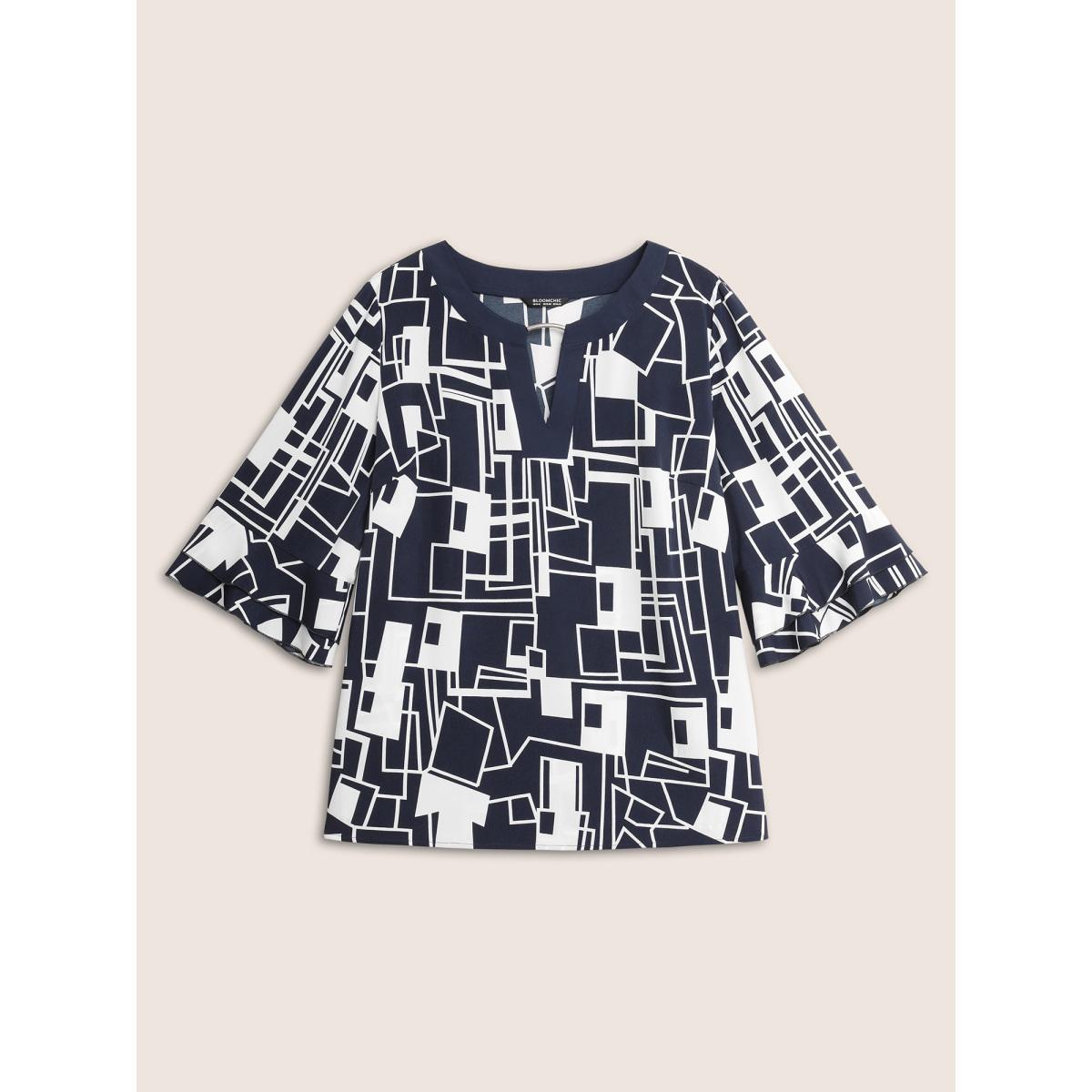 Plus Size Indigo Geometric Keyhole Ruffles Metal Detail Blouse Women At the Office Elbow-length sleeve Round Neck Work Blouses BloomChic 10/M Product Image