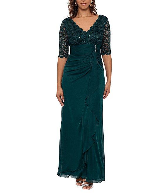 Betsy & Adam Sequin Lace V-Neck 3/4 Sleeve Gown Product Image