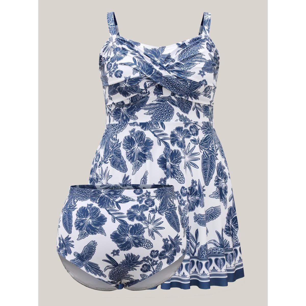 Plus Size Tropical Print Twist Front Swim Dress Women's Swimwear DarkBlue Resort Bodycon Heart neckline High stretch Curve Swim Dresses BloomChic 22-24/3X Product Image