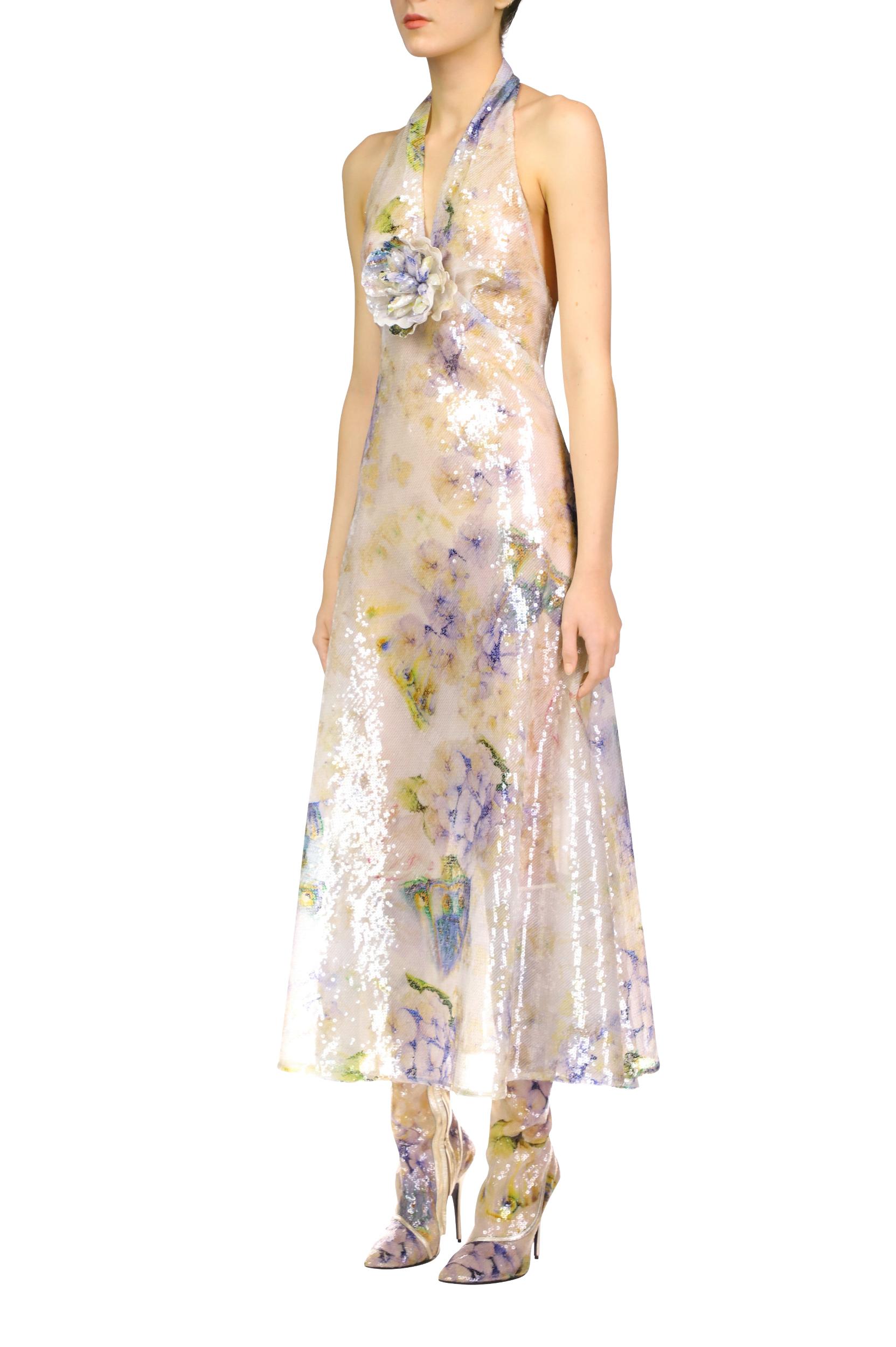 Printed Floral Sequin Halter Dress With Sequin Flower Pin Product Image