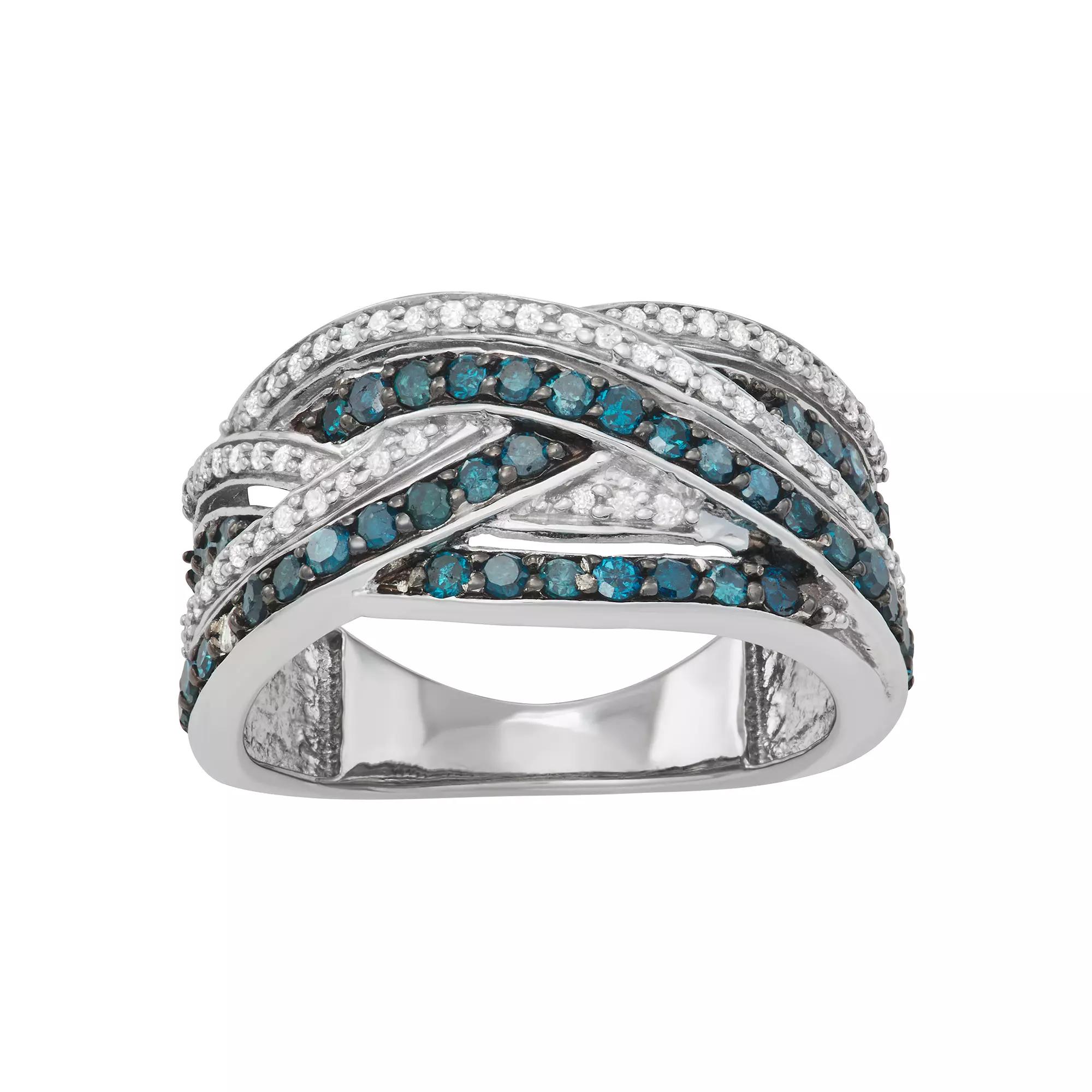 Jewelexcess Sterling Silver 1 Carat T.W. Blue & White Diamond Crossover Ring, Women's, Size: 8 Product Image