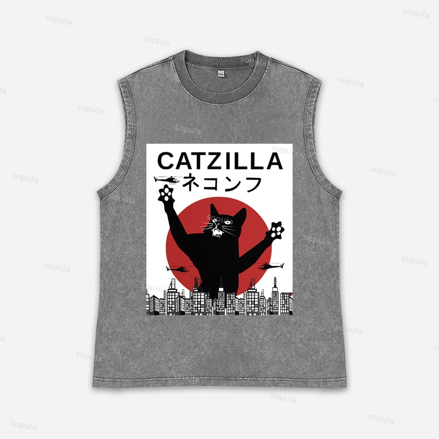 Vintage Catzilla Graphic Acid Washed Tank Tops Product Image