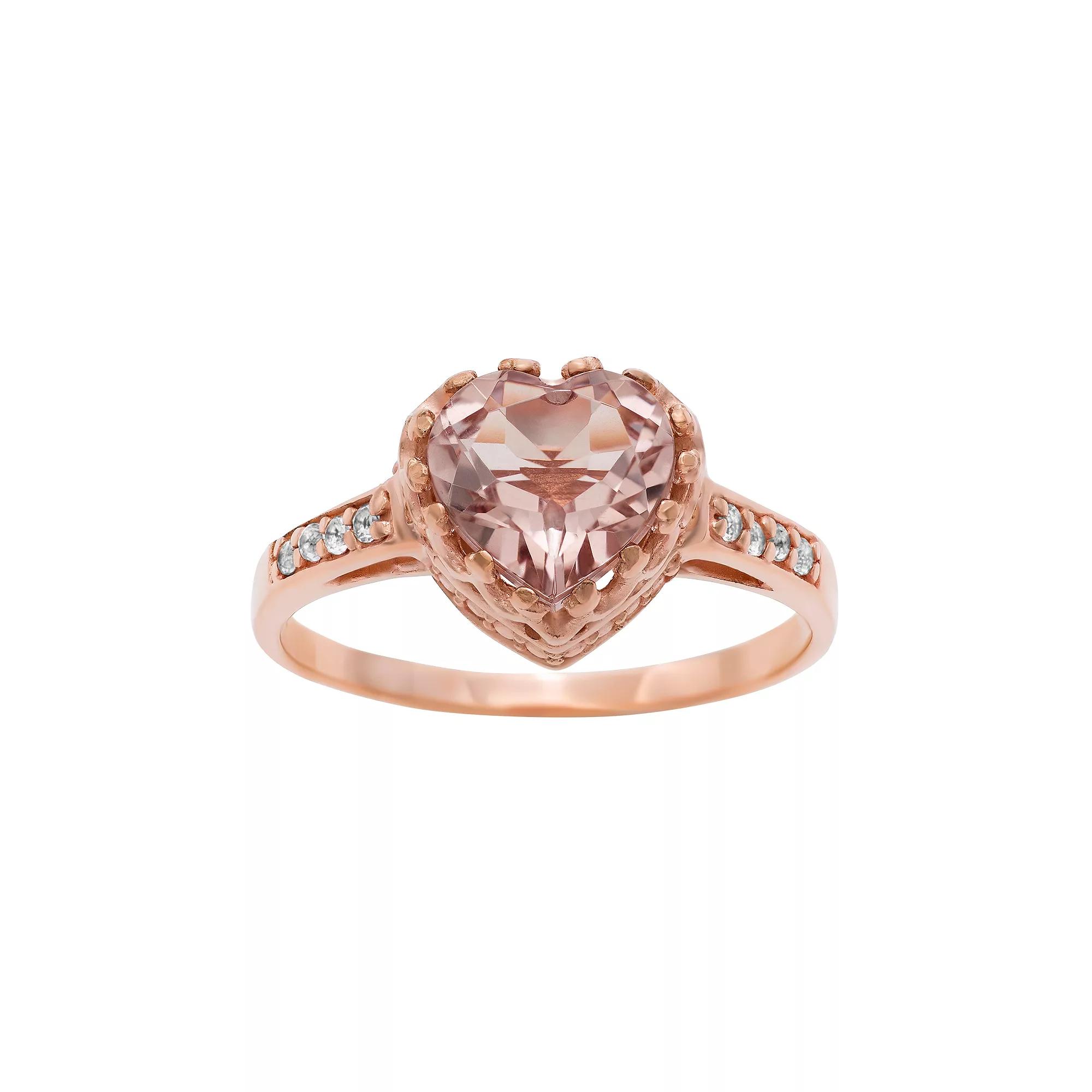 14k Rose Gold Over Silver Simulated Morganite and Lab-Created White Sapphire Heart Crown Ring, Women's, Size: 10, Pink Product Image