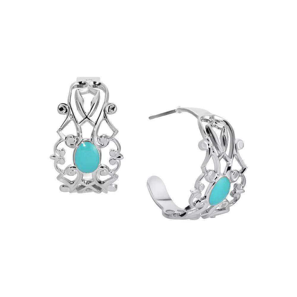 1928 Silver Tone Filigree with Enamel Oval Hoop Earrings, Women's, Turquoise Product Image
