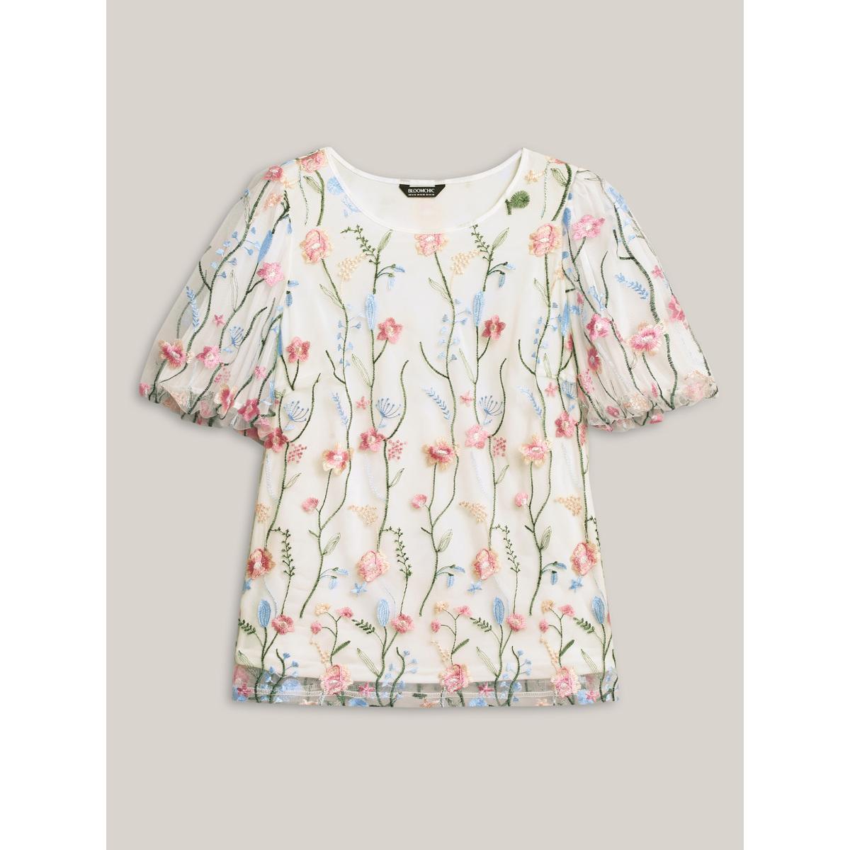 Plus Size Originalwhite Floral Embroidered Mesh Bubble Sleeve Blouse Women Formal Short sleeve Round Neck Vacation Blouses BloomChic 26/4X Product Image