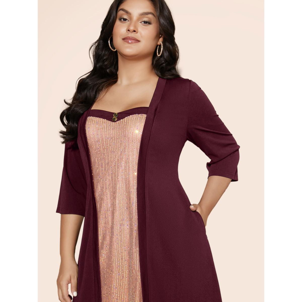 Plus Size Heart Neckline Patchwork Sequin Button Detail Dress Plum Women Cocktail Texture Party Curvy Bloomchic 18-20/2X Product Image