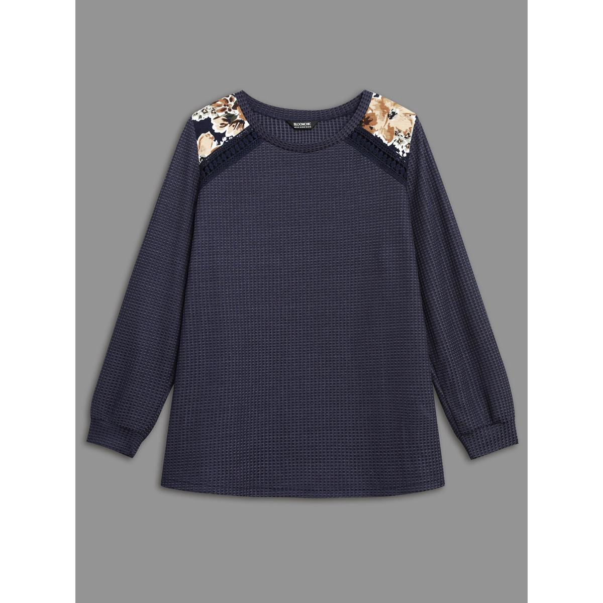 Plus Size Natural Flowers Patchwork Woven Ribbon T-shirt Indigo Women Casual Woven ribbon&lace trim Round Neck Everyday T-shirts BloomChic 10/M Product Image