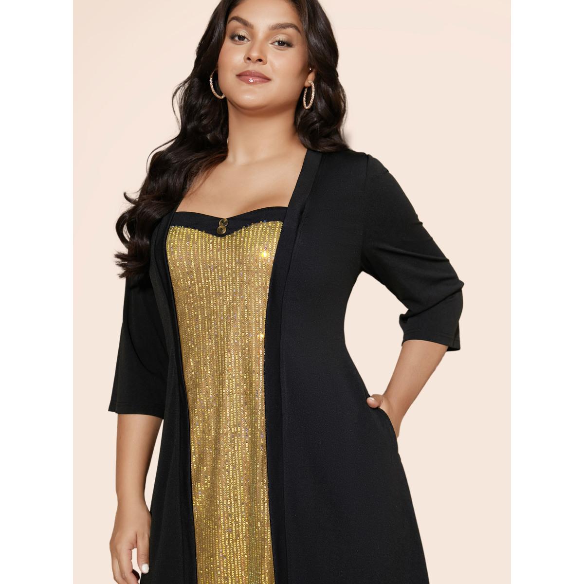 Plus Size Heart Neckline Patchwork Sequin Button Detail Dress Silver Women Party&Cocktail Texture Party Curvy Bloomchic 28/5X Product Image