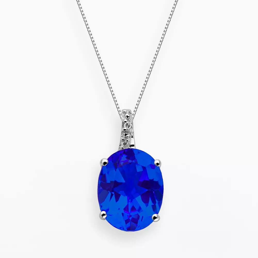 Gemminded Sterling Silver Lab-Created Sapphire and Diamond Accent Oval Pendant, Women's, Size: 18", Blue Product Image