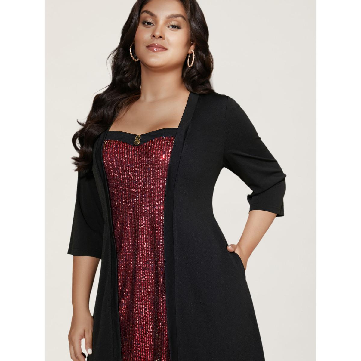 Plus Size Heart Neckline Patchwork Sequin Button Detail Dress Black Women Party&Cocktail Texture Party Curvy Bloomchic 18-20/2X Product Image