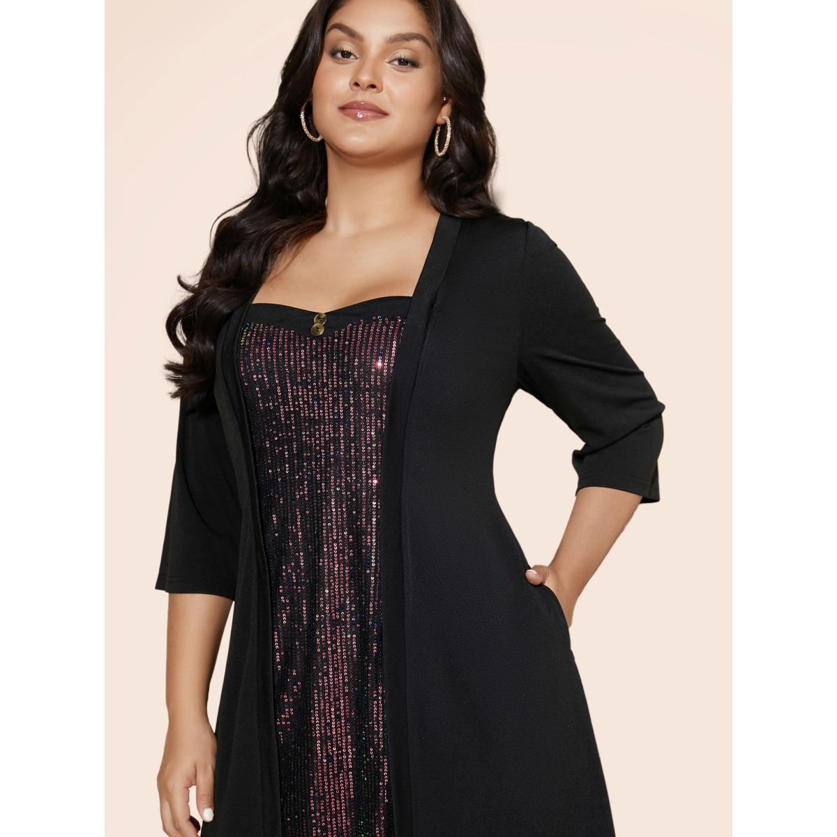 Plus Size Heart Neckline Patchwork Sequin Button Detail Dress DarkGreen Women Party&Cocktail Texture Party Curvy Bloomchic 30/6X Product Image