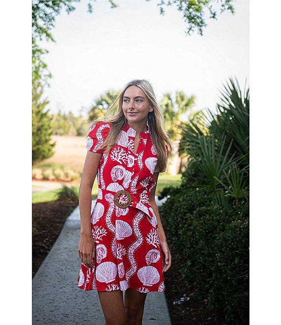 SAIL to SABLE Sea Stripe Print Mandarin Collar Short Puff Sleeve Belted Shirt Dress Product Image