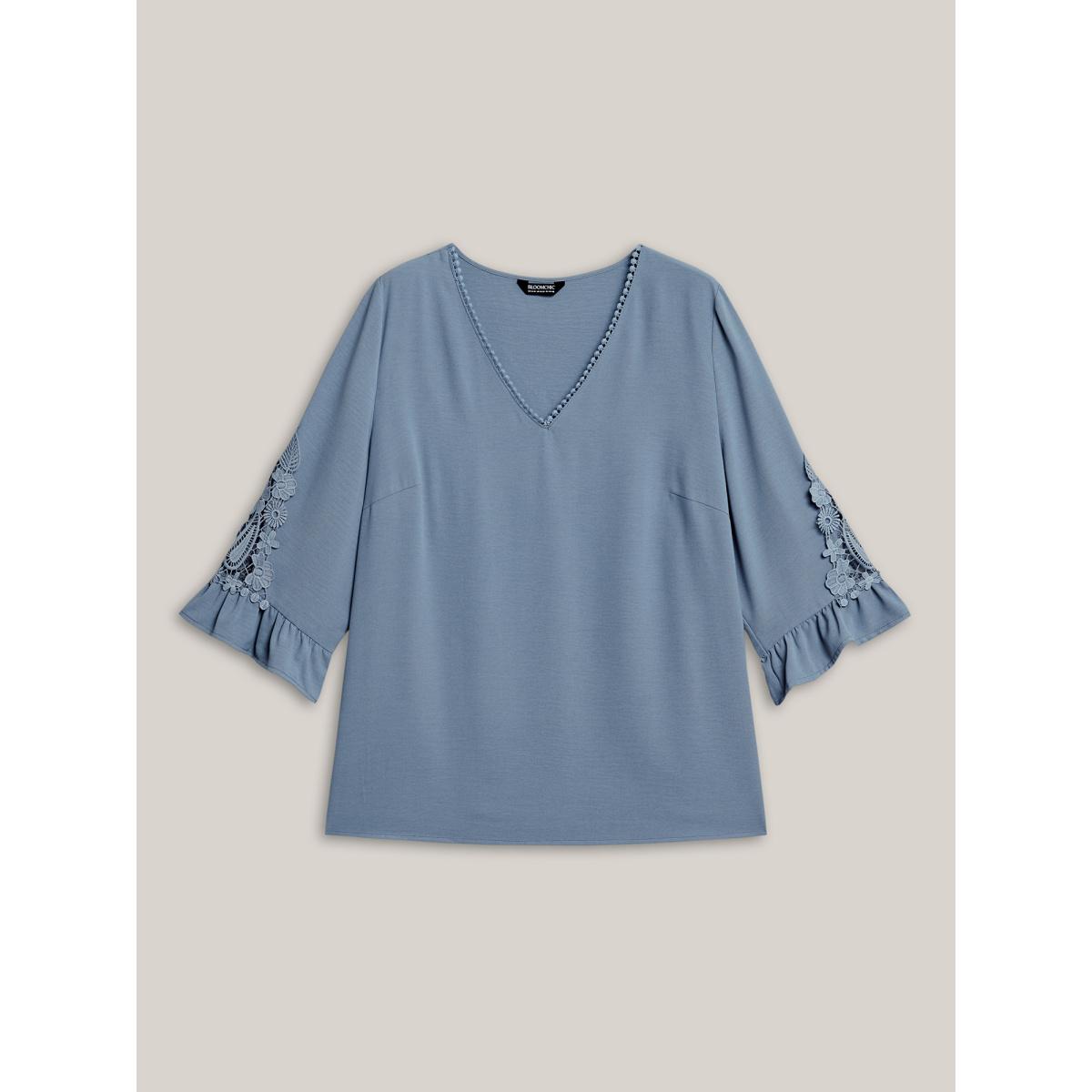 Plus Size Stone Lace Patchwork Ruffled V-Neck Blouse Women Timeless Elbow-length sleeve V-neck Elegant Blouses BloomChic 28/5X Product Image