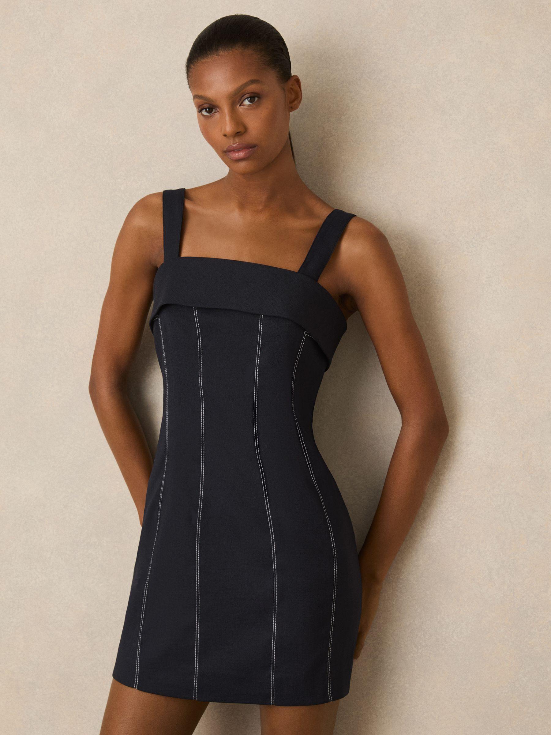 Contrast-Stitch Structured Mini Dress in Navy Product Image