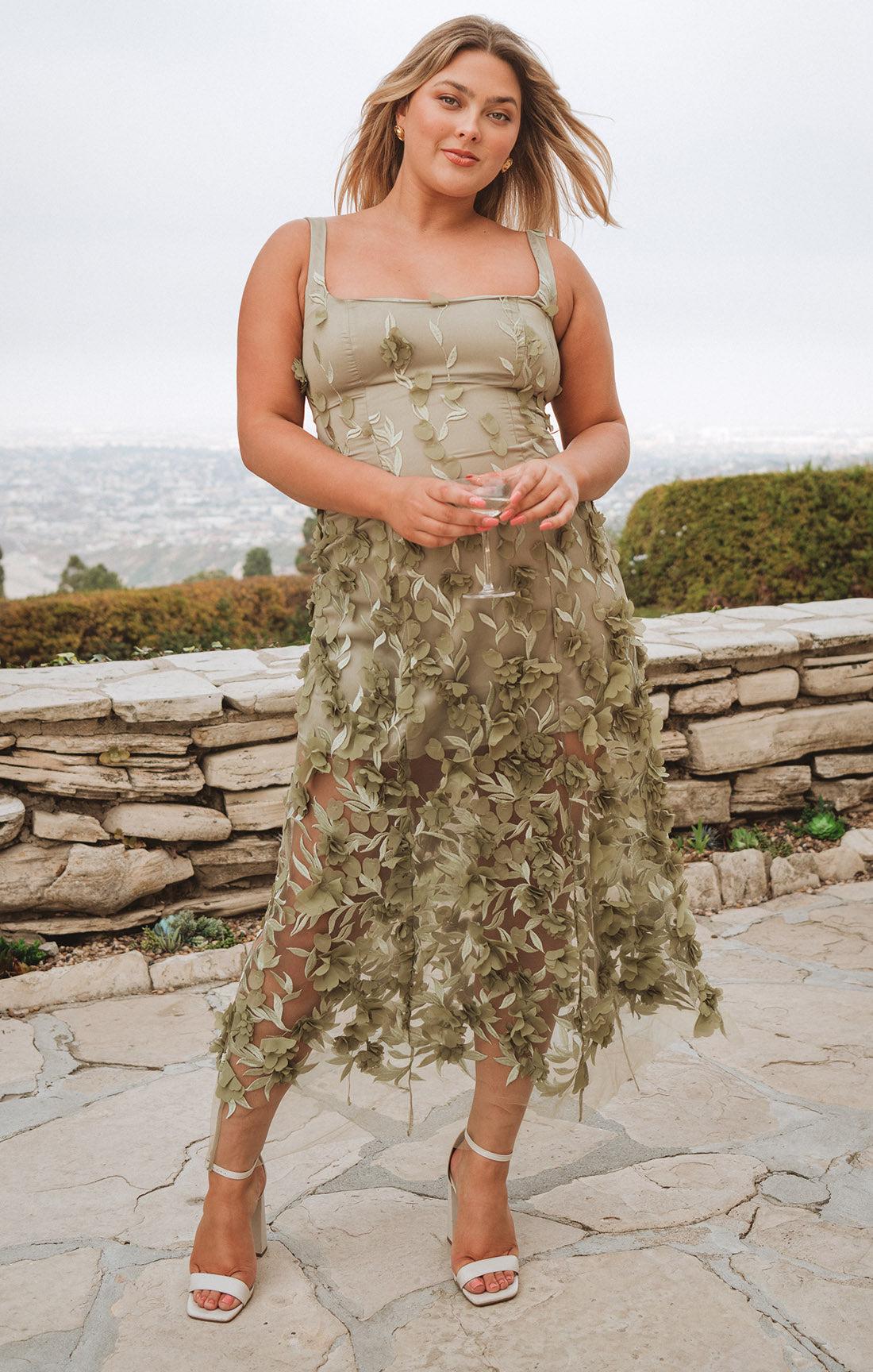 Stephanie Dress ~ Moss Green 3D Floral Product Image