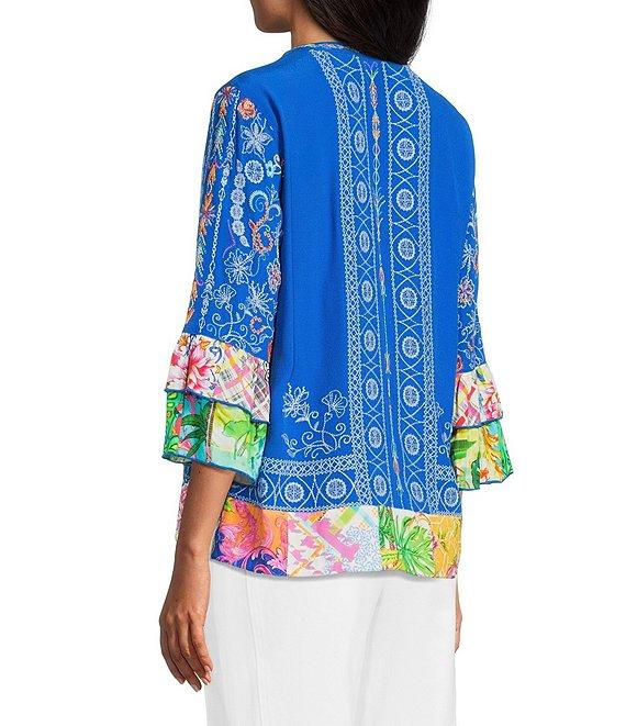 John Mark Embroidered Multi Floral V-Neck 3/4 Ruffle Tiered Sleeve Tunic Product Image