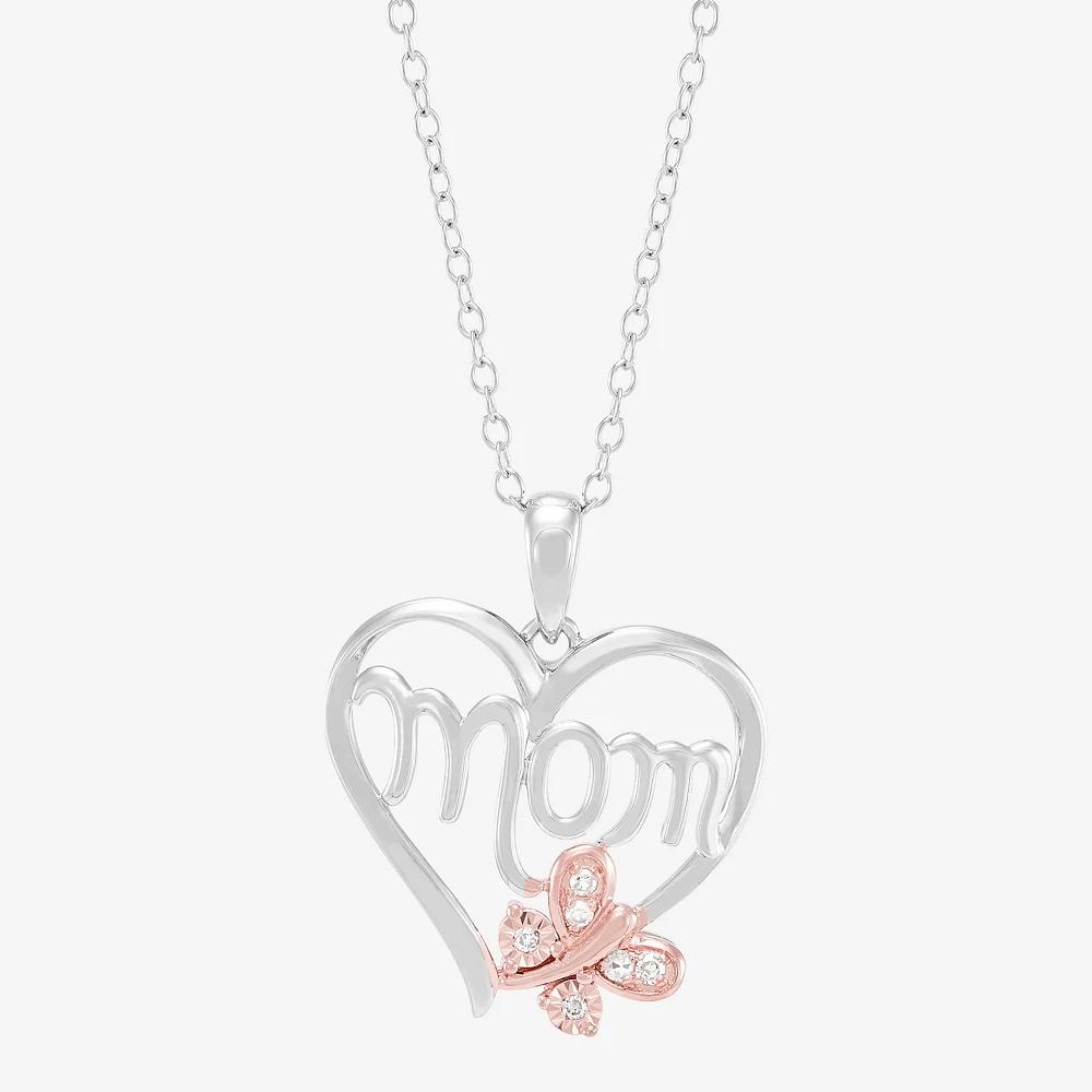 Sterling Silver Diamond Accent "Mom" Heart Rose Gold Plated Butterfly Cable Chain Pendant Necklace, Women's, Size: 18", Pink Tone Product Image