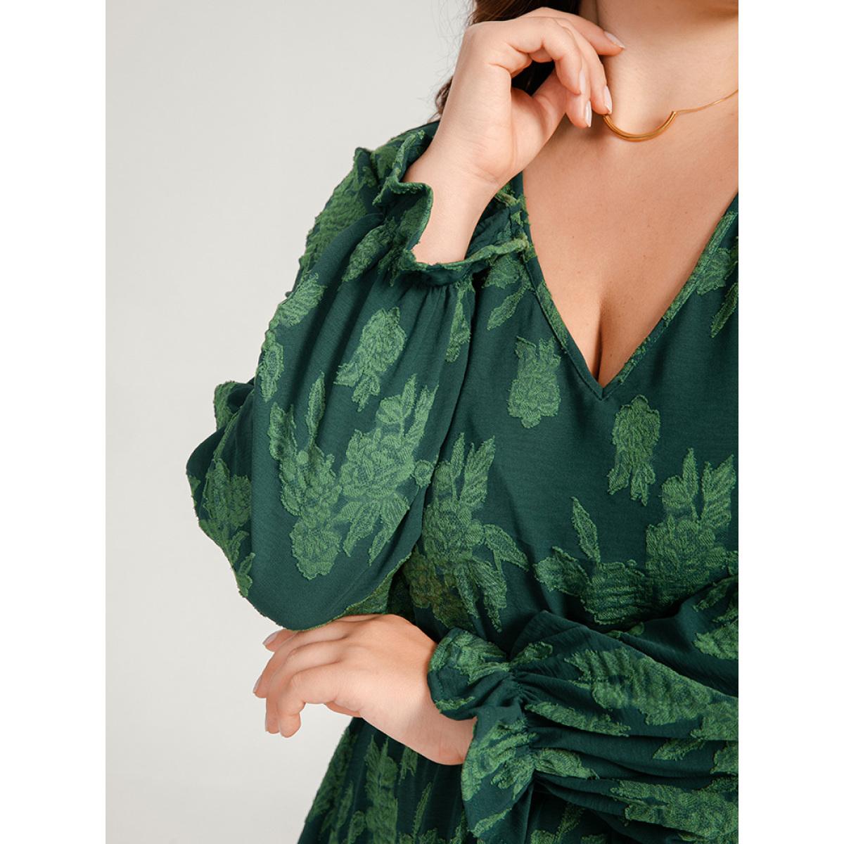 Plus Size Floral Print Lantern Sleeve Pocket Belted Midi Dress Green Women Elegant Pocket V-neck Long Sleeve Curvy Midi Dress BloomChic 18-20/2X Product Image