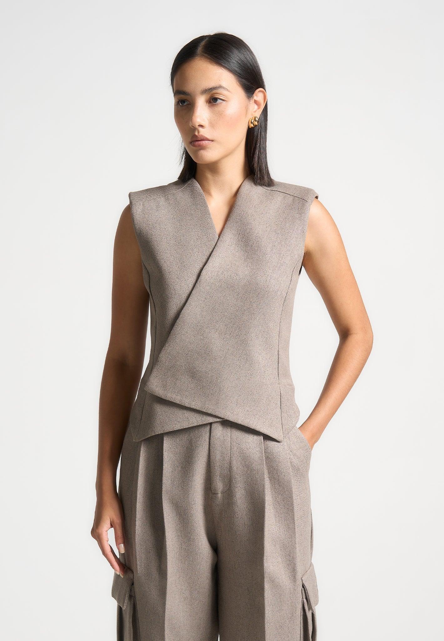 Laurence - Textured Tailored Wrap Waistcoat - Taupe Female Product Image