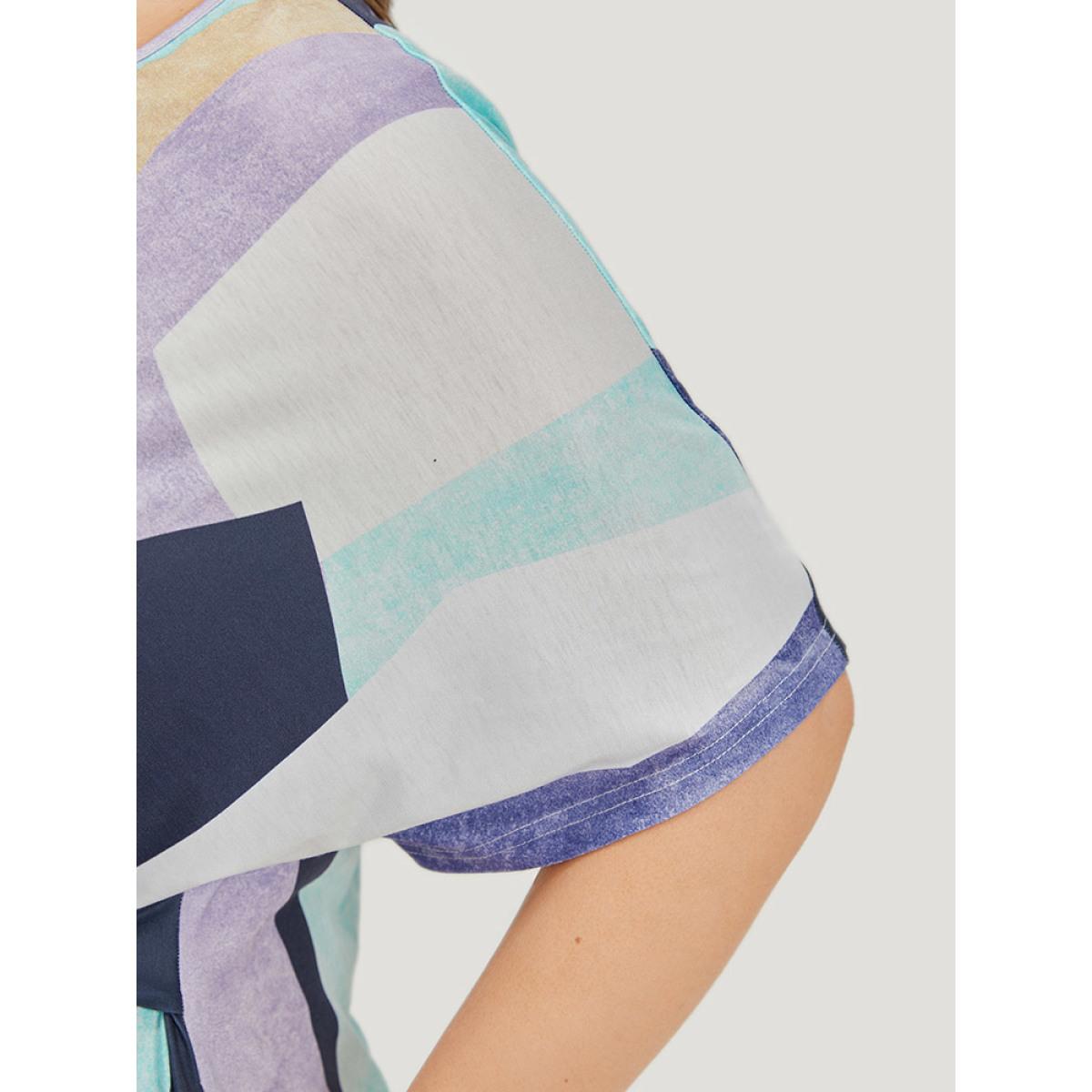 Plus Size Geometric Print Pocket Bowknot Contrast Dress Multicolor Women Casual Contrast Round Neck Short sleeve Curvy Knee Dress BloomChic 28/5X Product Image