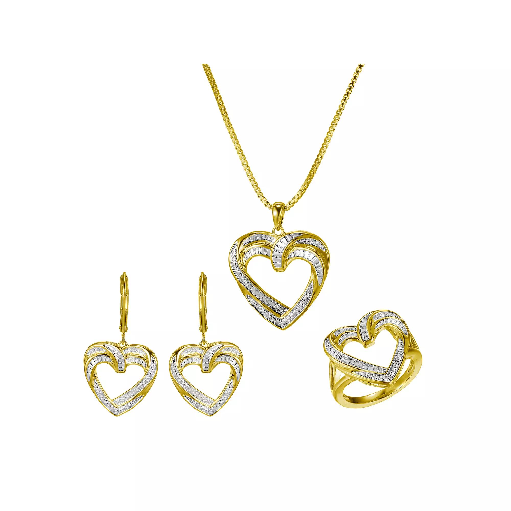 Gold Tone Diamond Accent Open Heart Earrings, Pendant and Ring Set, Women's, Size: 9 Product Image