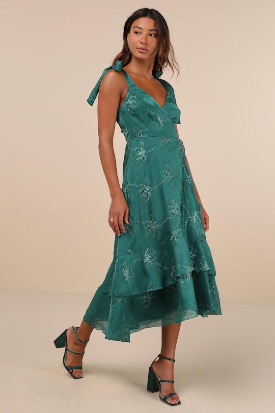 Elegant Direction Green Embroidered Ruffled Tie-Strap Midi Dress Product Image