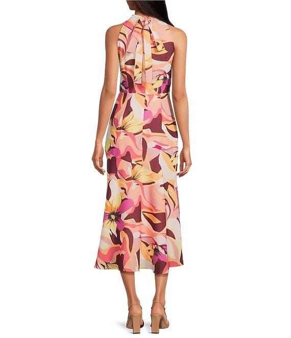 Sam Edelman Mock Neck Sleeveless Abstract Floral Printed Chiffon Sheath Midi Dress Product Image