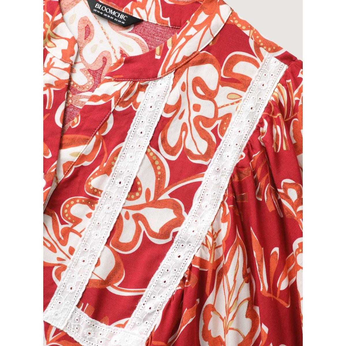 Plus Size Floral Lace Trim Button Front Midi Dress Raspberry Women Flat collar with V-notch Elbow-length sleeve Curvy BloomChic 22-24/3X Product Image