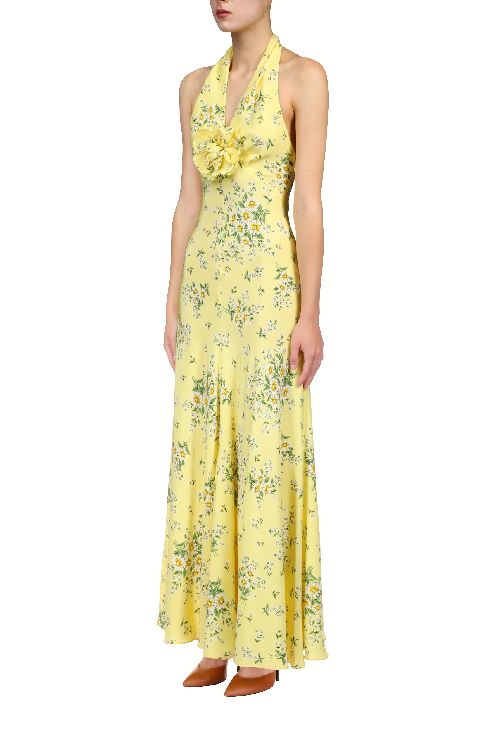 Yellow Daisy Silk Halter Dress With Silk Flower Product Image