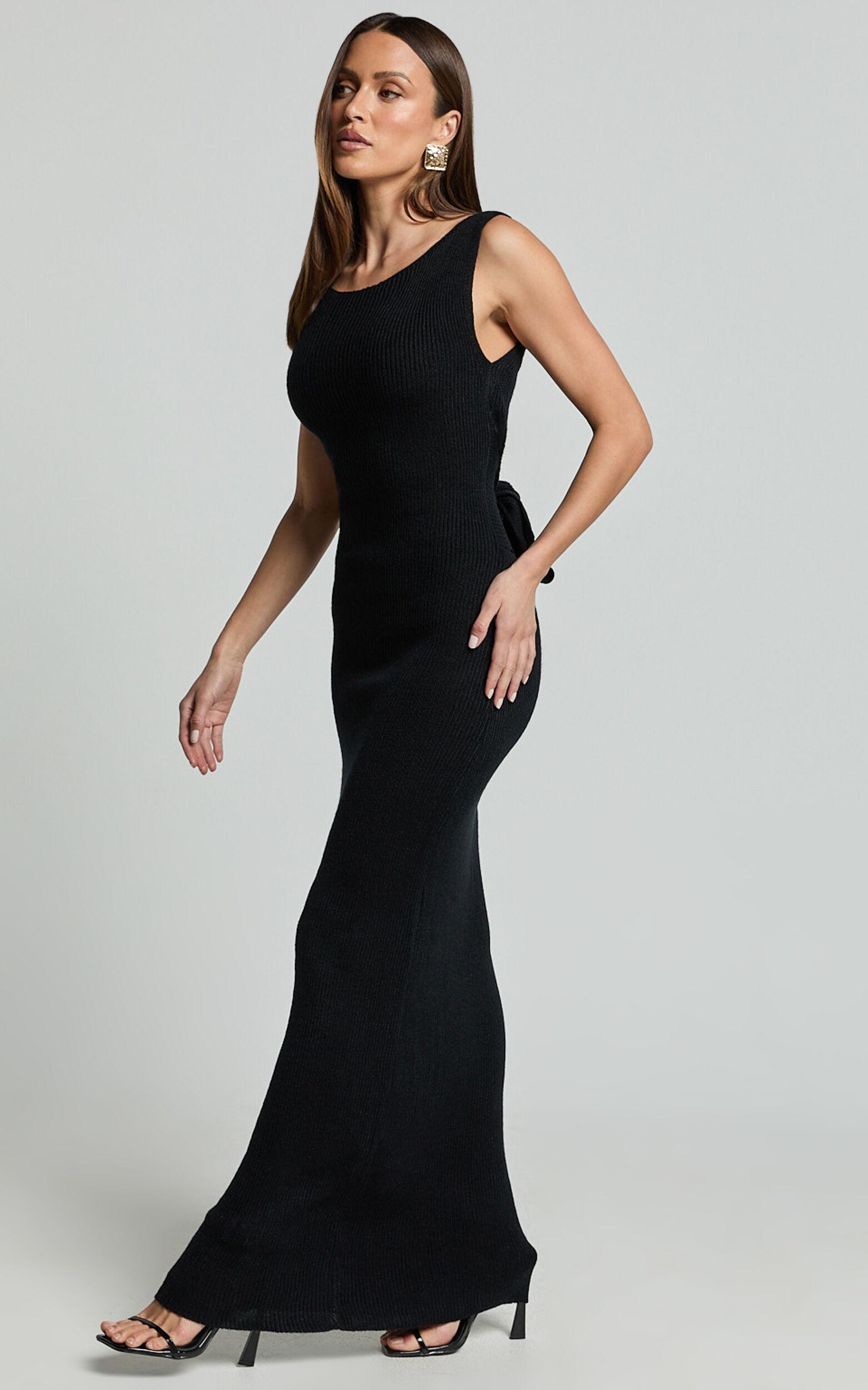 Sanya Midi Dress - Bodycon Knitted Tie Back Dress in Black Product Image