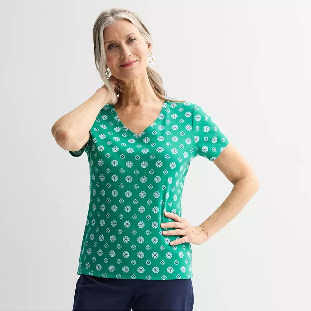 Petite Croft & Barrow® Essential V-Neck Tee, Women's, Size: Small Petite, Green Mini Geo Product Image