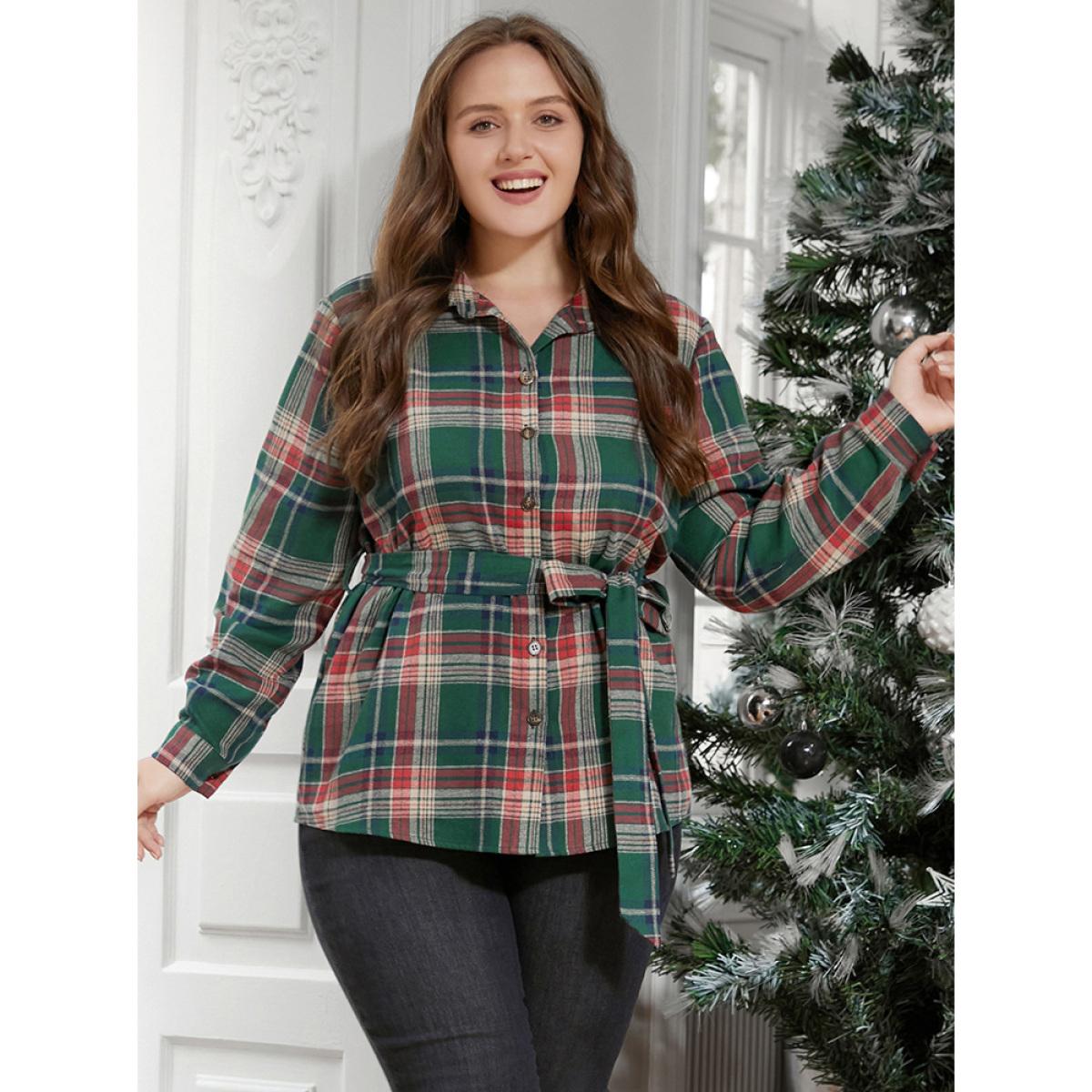 Plus Size DarkGreen Plaid Button Up Belted Blouse Women Casual Long Sleeve Shirt collar Festival-Christmas Blouses BloomChic 12/L Product Image