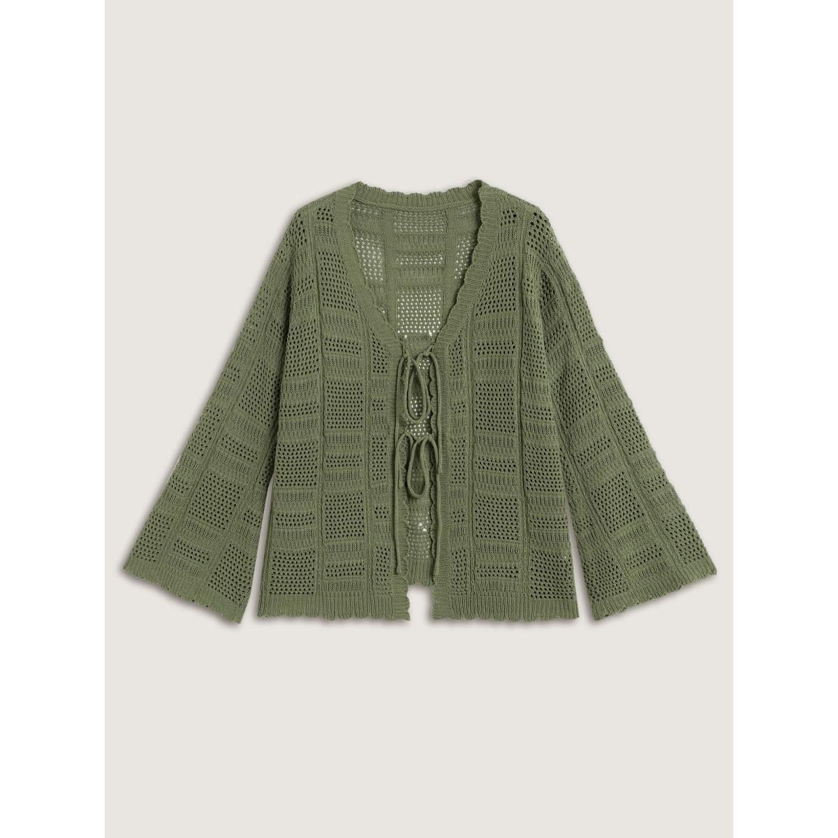 Plus Size Crochet Textured Front-Tie Knit Cardigan Sage Women Leisure Loose Long Sleeve Casual Cardigans BloomChic 10/M Product Image