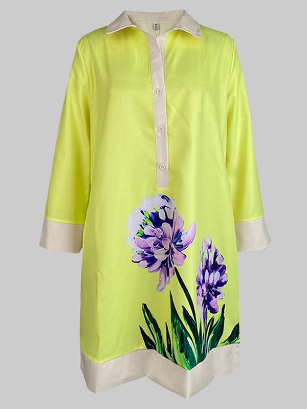 A-Line Loose Buttoned Flower Print Stand Collar Mini Dresses Product Image