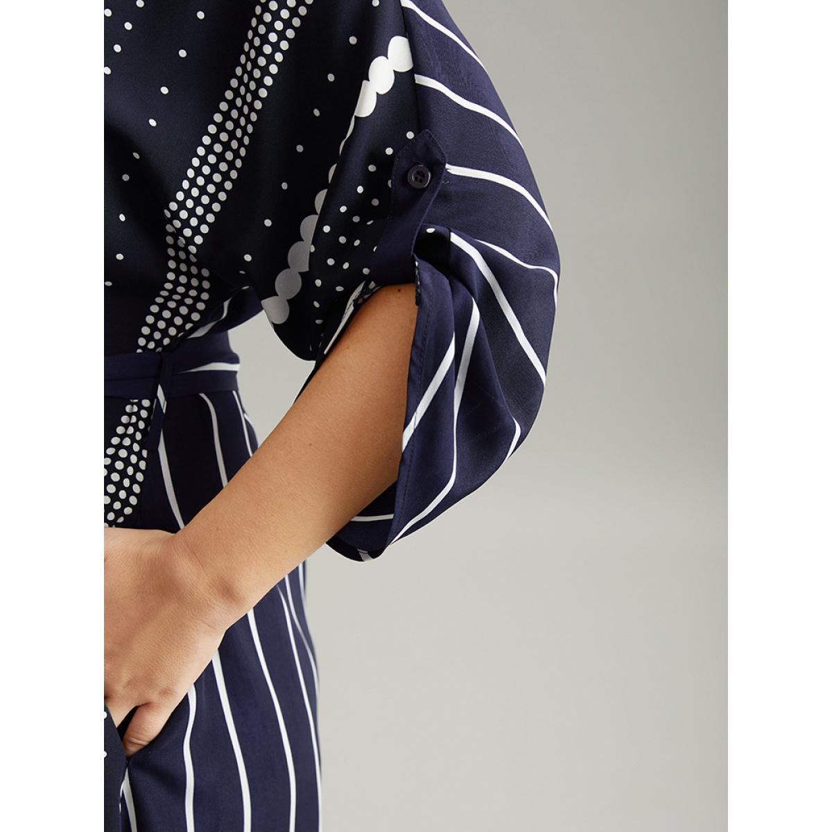 Plus Size Striped Patchwork Polka Dot Belted Notched Dress DarkBlue Women Office Belted Notched collar Elbow-length sleeve Curvy Midi Dress BloomChic 22-24/3X Product Image