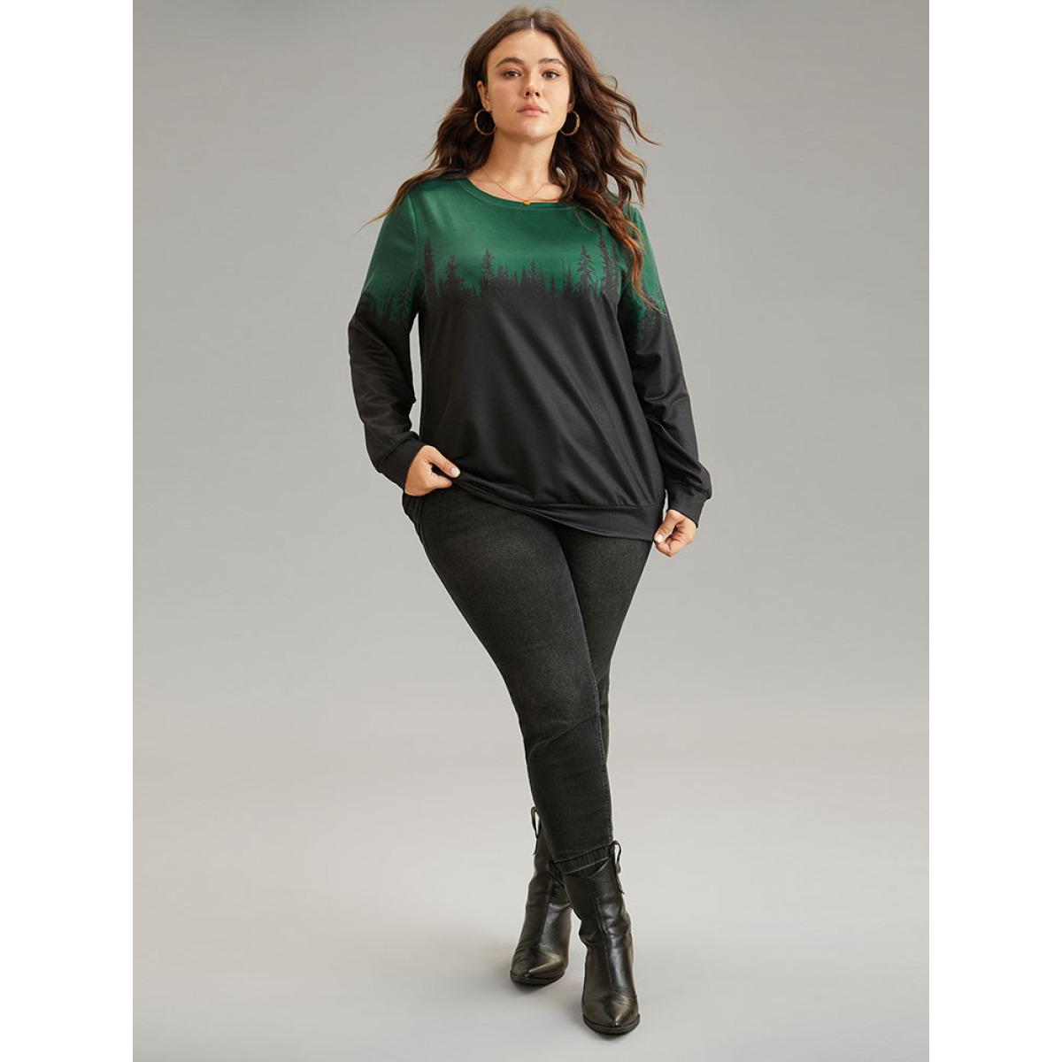 Plus Size Ombre Forest Contrast Crew Neck Sweatshirt Women DarkGreen Casual Printed Round Neck Dailywear Sweatshirts BloomChic 22-24/3X Product Image