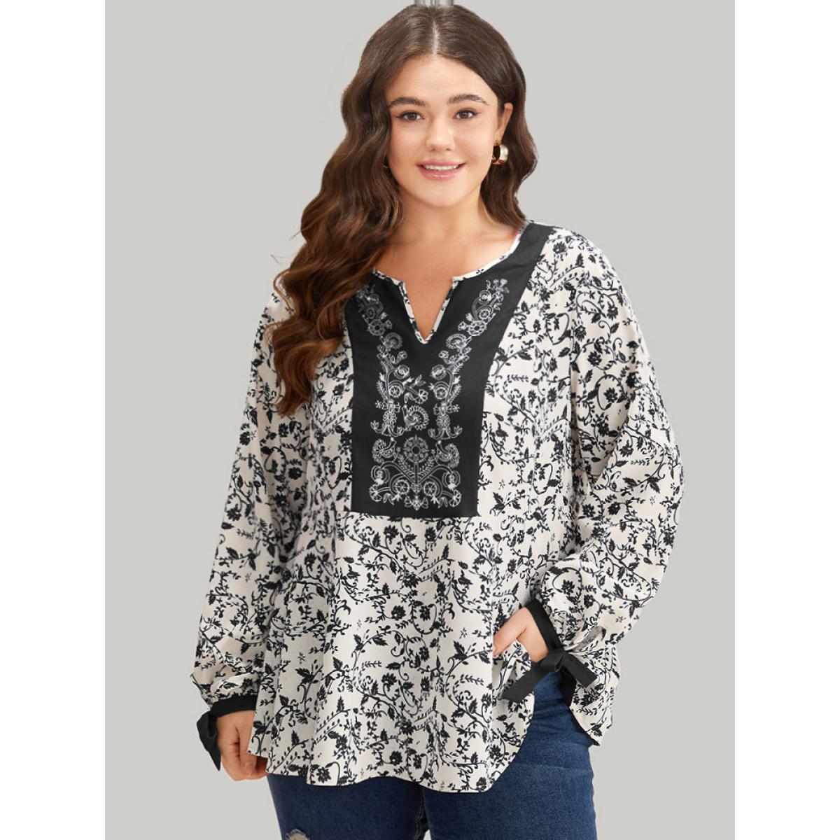 Plus Size Black Boho Print Notched Knot Lantern Sleeve Blouse Women Vacation Long Sleeve Notched collar Dailywear Blouses BloomChic 10/M Product Image