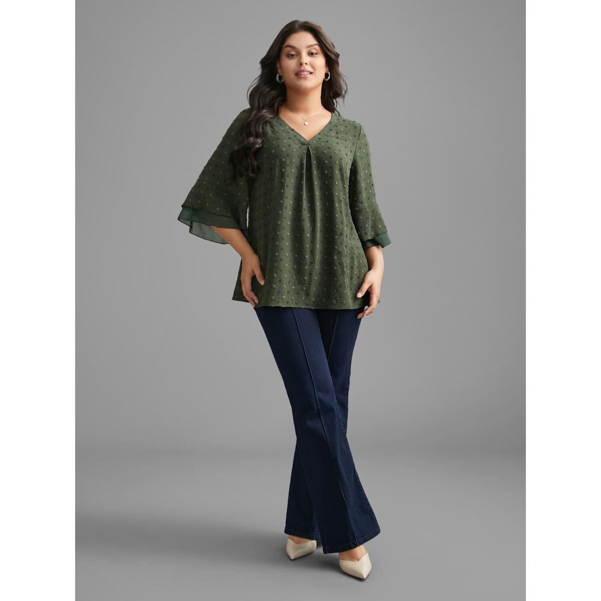 Plus Size ArmyGreen Textured Pleated Tiered Ruffle Sleeve Blouse Women Elegant Elbow-length sleeve V-neck Everyday Blouses BloomChic 18-20/2X Product Image