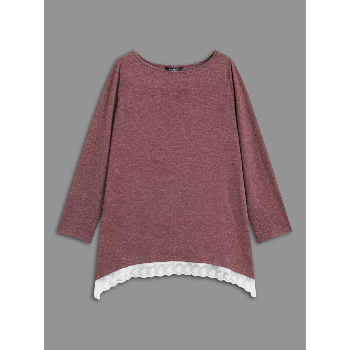 Plus Size Boat Neck Contrast Lace Panel T-shirt Deepred Women Casual Contrast Boat Neck Loose Everyday T-shirts BloomChic 10/M Product Image