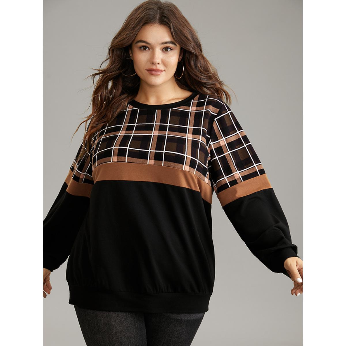 Plus Size Colorblock Plaid Contrast Crew Neck Sweatshirt Women Black Casual Contrast Round Neck Dailywear Sweatshirts BloomChic 26/4X Product Image