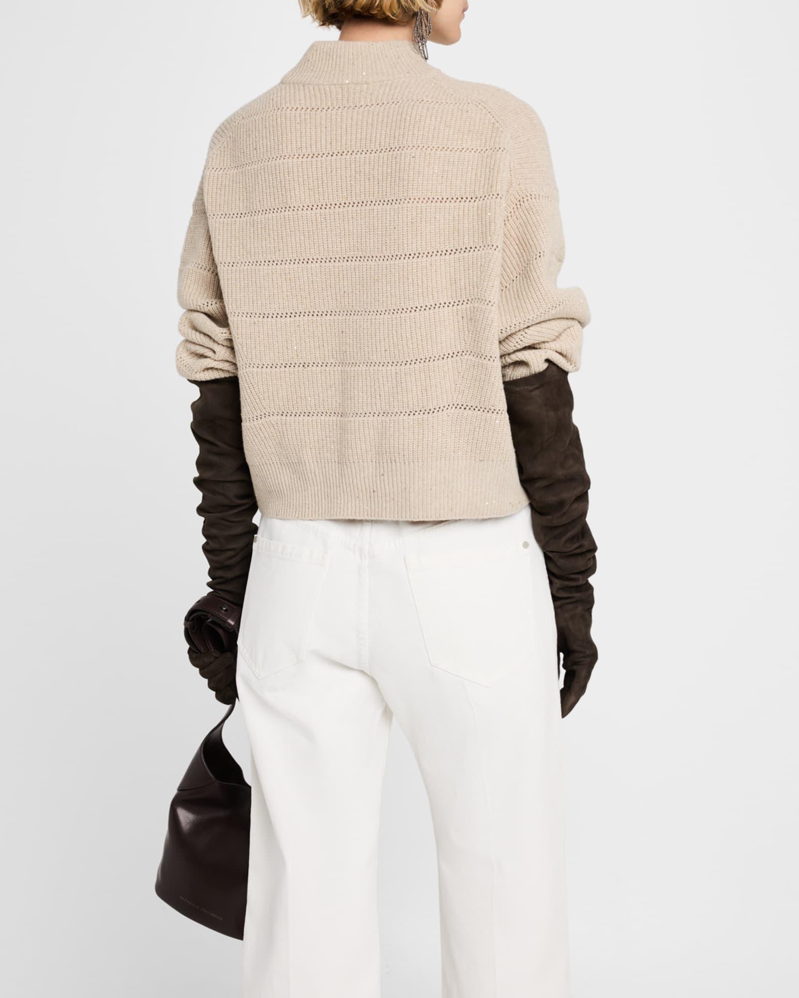 Mock-Neck Paillette Horizontal Open-Knit Sweater Product Image
