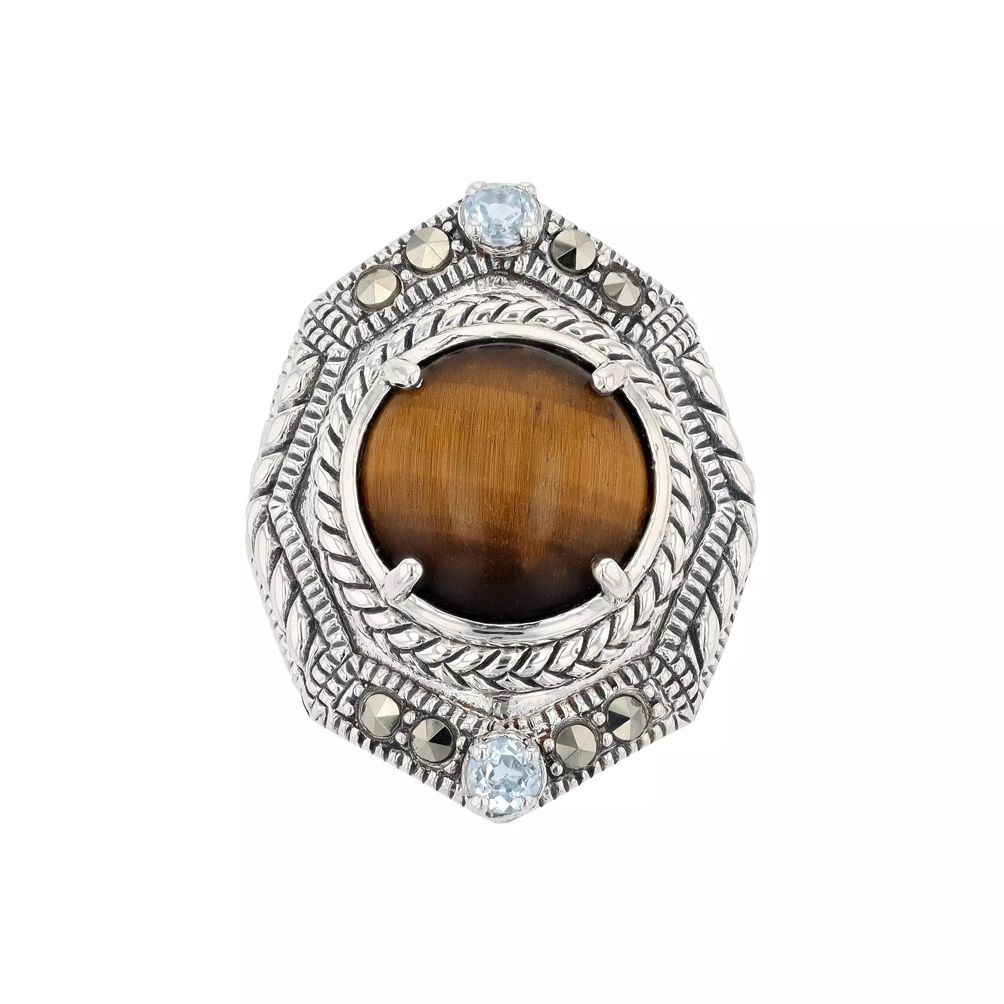 Lavish by TJM Sterling Silver Tiger Eye Sky Blue Topaz & Marcasite Dome Ring, Women's, Size: 8 Product Image