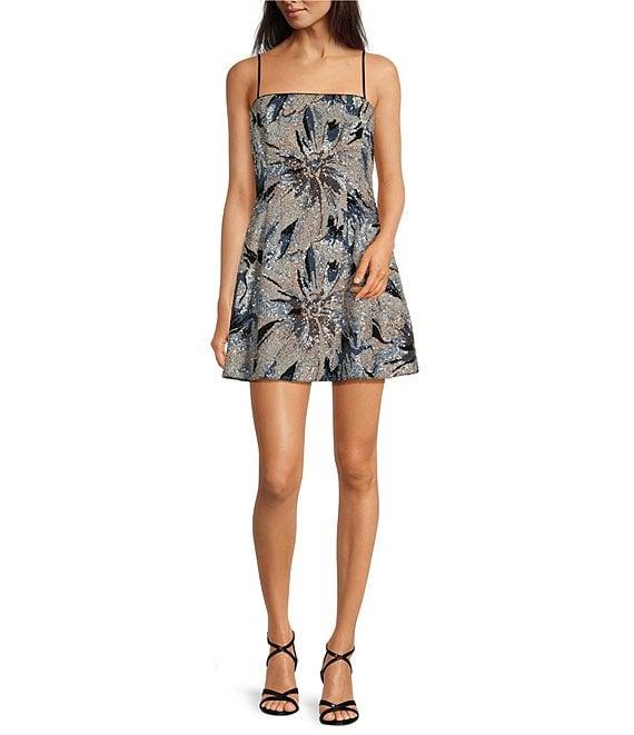 Muse by Marchesa Azalea Floral Print Novelty Sequin Straight Neck Spaghetti Strap A-Line Mini Dress Product Image