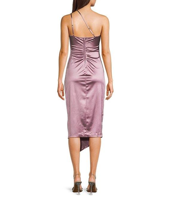 One Shoulder Shirred Side Slit Satin Midi Dress Product Image