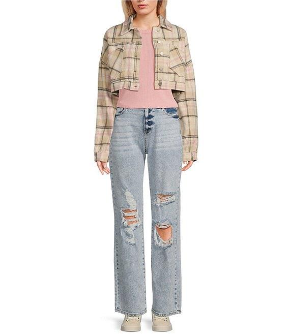 Double Zero Long Sleeve Plaid Cropped Jacket Product Image